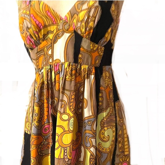 💎Vintage  Trina Turk Orange Yellow Sundress Sleeveless Spaghetti Strap - Picture 3 of 11